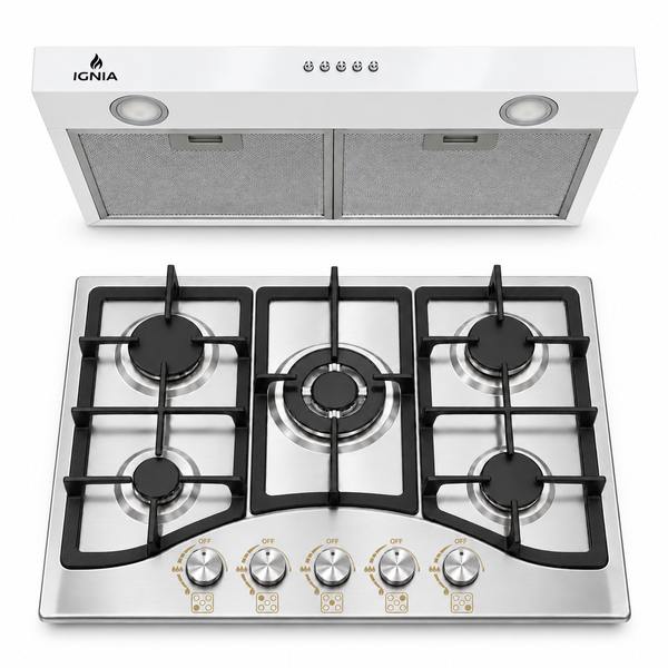 Kit IGNIA Anafe a Gas 5 Hornallas Acero Inoxidable + Extractor 75 cm Blanco