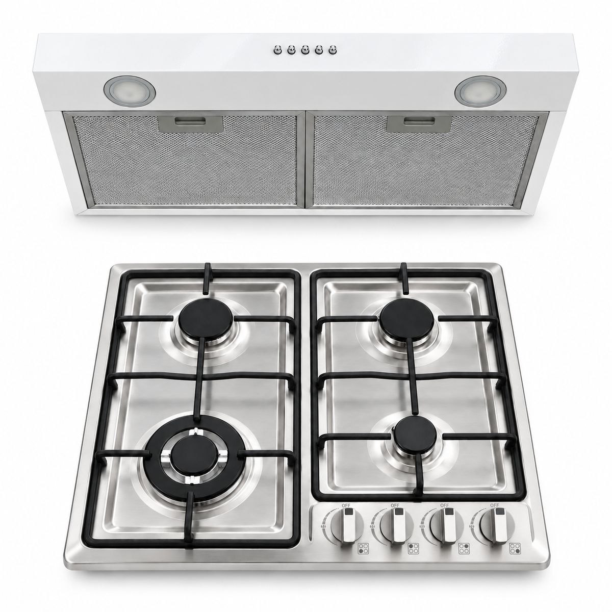 Kit IGNIA Anafe a Gas 4 Hornallas Acero Inoxidable + Extractor 75 cm Blanco