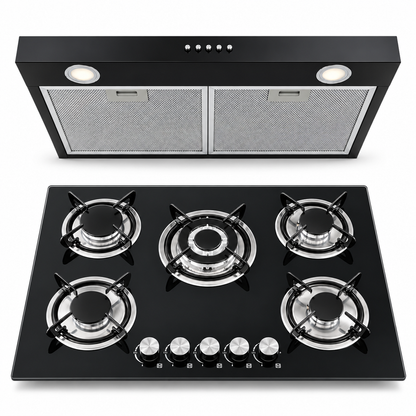 Kit IGNIA Anafe a Gas 5 Hornallas Vidrio Templado + Extractor 75 cm Negro
