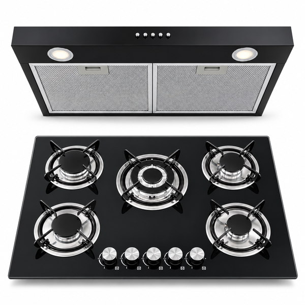 Kit IGNIA Anafe a Gas 5 Hornallas Vidrio Templado + Extractor 75 cm Negro