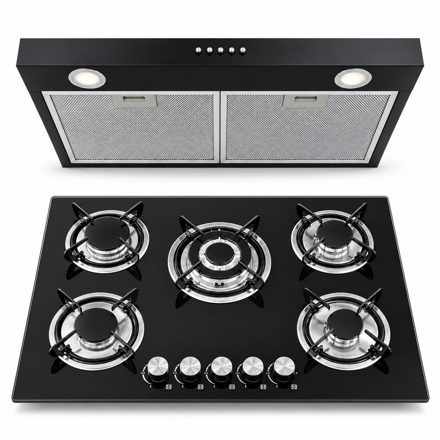 Kit IGNIA Anafe a Gas 5 Hornallas Vidrio Templado + Extractor 75 cm Negro