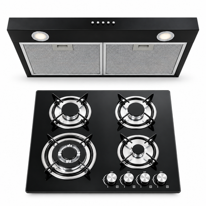 Kit IGNIA Anafe a Gas 4 Hornallas Vidrio Templado + Extractor 75 cm Negro