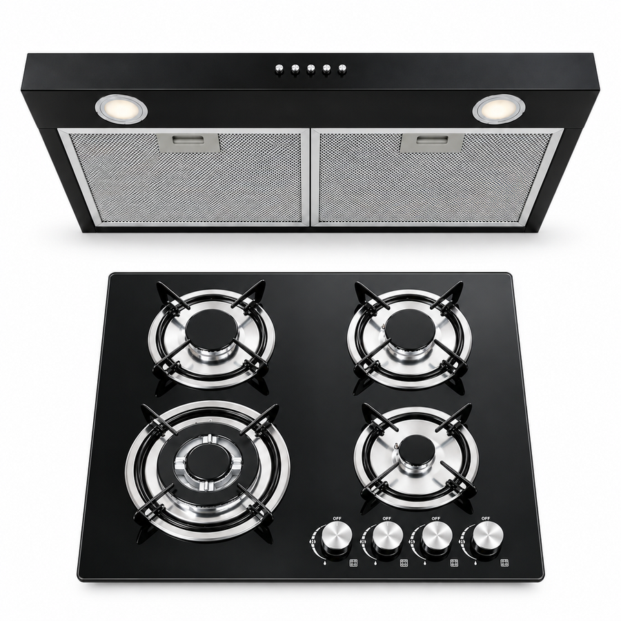 Kit IGNIA Anafe a Gas 4 Hornallas Vidrio Templado + Extractor 75 cm Negro