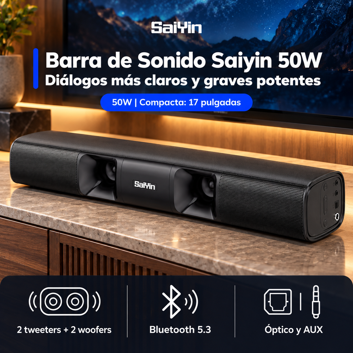 Barra de Sonido Saiyin DS6301H Pro 50 W 17" Bluetooth para Smart TV - foto 2