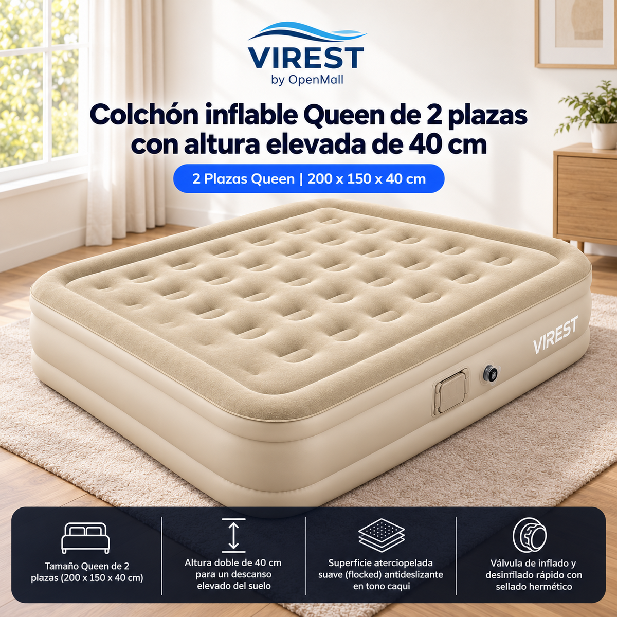 Colchón Inflable Queen 150x200 con Bomba Eléctrica Recargable Virest