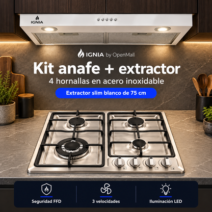 Kit IGNIA Anafe a Gas 4 Hornallas Acero Inoxidable + Extractor 75 cm Blanco