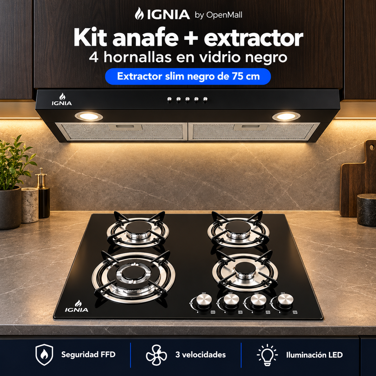 Kit IGNIA Anafe a Gas 4 Hornallas Vidrio Templado + Extractor 75 cm Negro