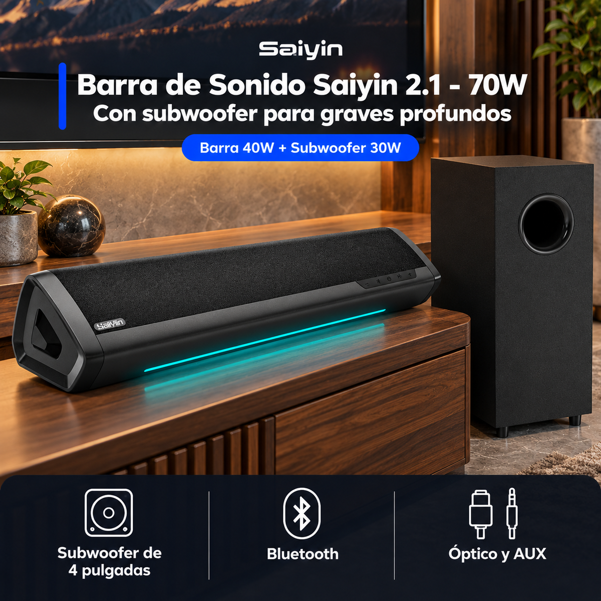 Barra de Sonido Saiyin DS6345H 2.1 70 W con Subwoofer Bluetooth - foto 2