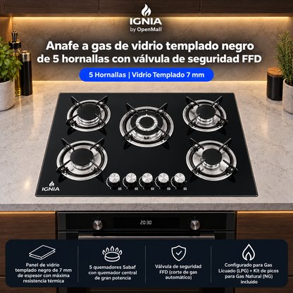 Anafe a Gas IGNIA 5 Hornallas Vidrio Templado 77 cm