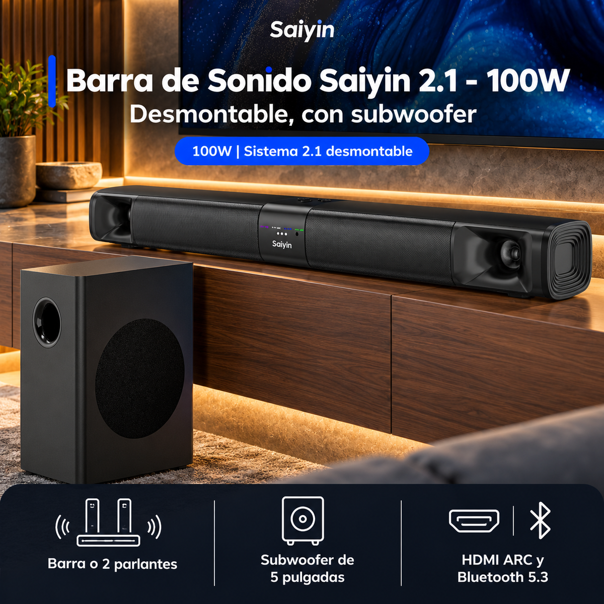 Barra de Sonido Saiyin 2.1 100 W con Subwoofer HDMI ARC Bluetooth - foto 2