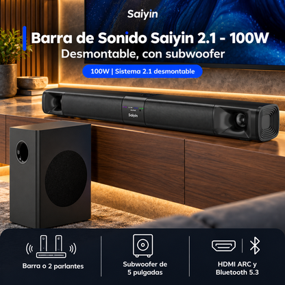 Barra de Sonido Saiyin 2.1 100 W con Subwoofer HDMI ARC Bluetooth - foto 2