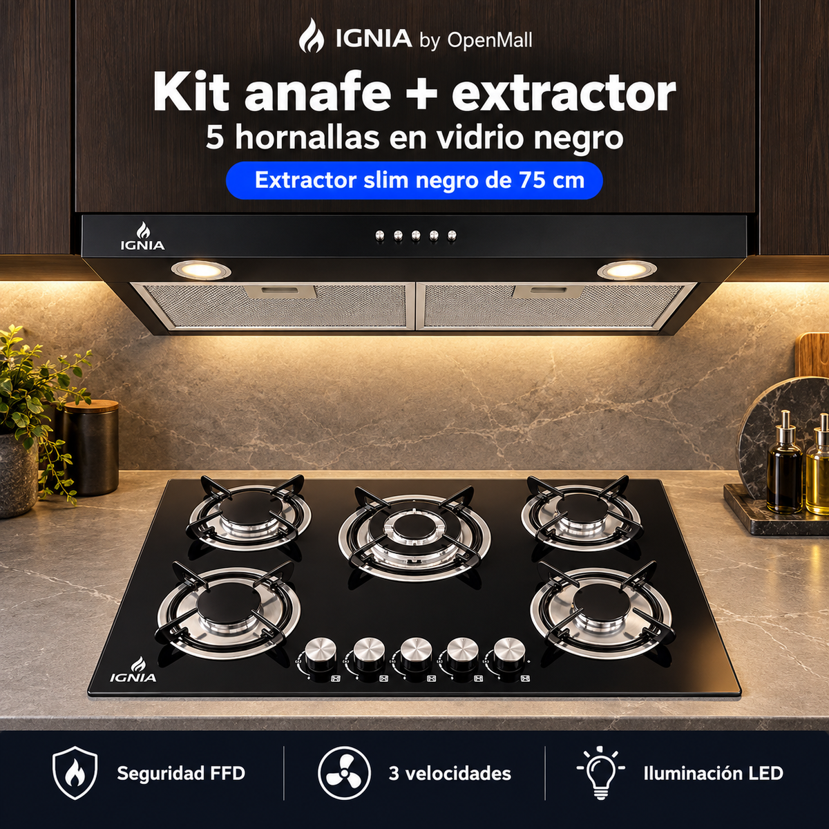 Kit IGNIA Anafe a Gas 5 Hornallas Vidrio Templado + Extractor 75 cm Negro