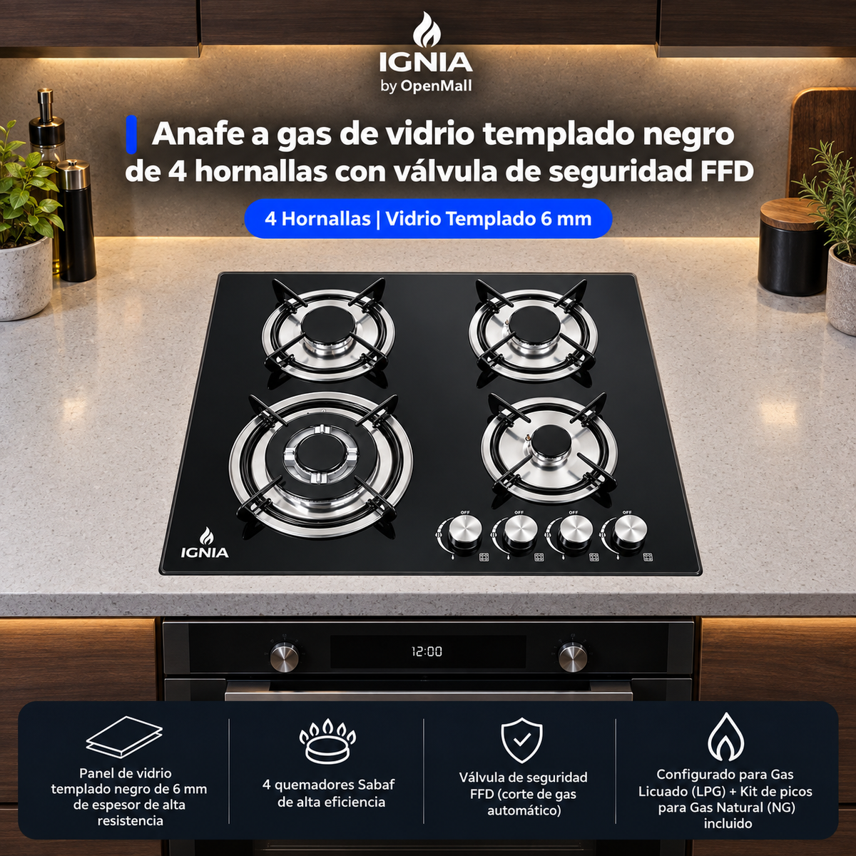 Anafe a Gas IGNIA 4 Hornallas Vidrio Templado 59 cm