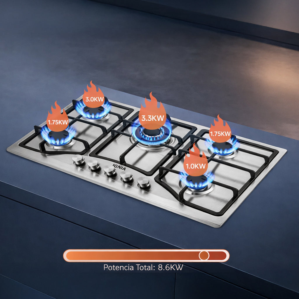 Anafe de Acero Inoxidable IGNIA a Gas Empotrable de 5 Hornallas