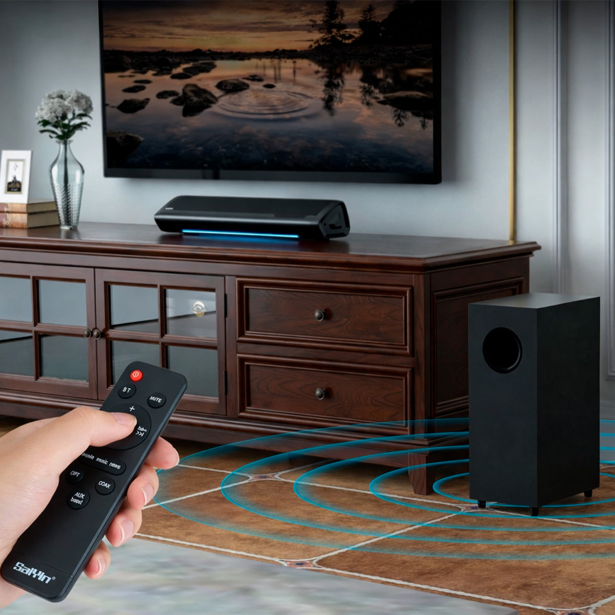 Barra de Sonido con Subwoofer 70W Saiyin con Bluetooth, Óptico y AUX