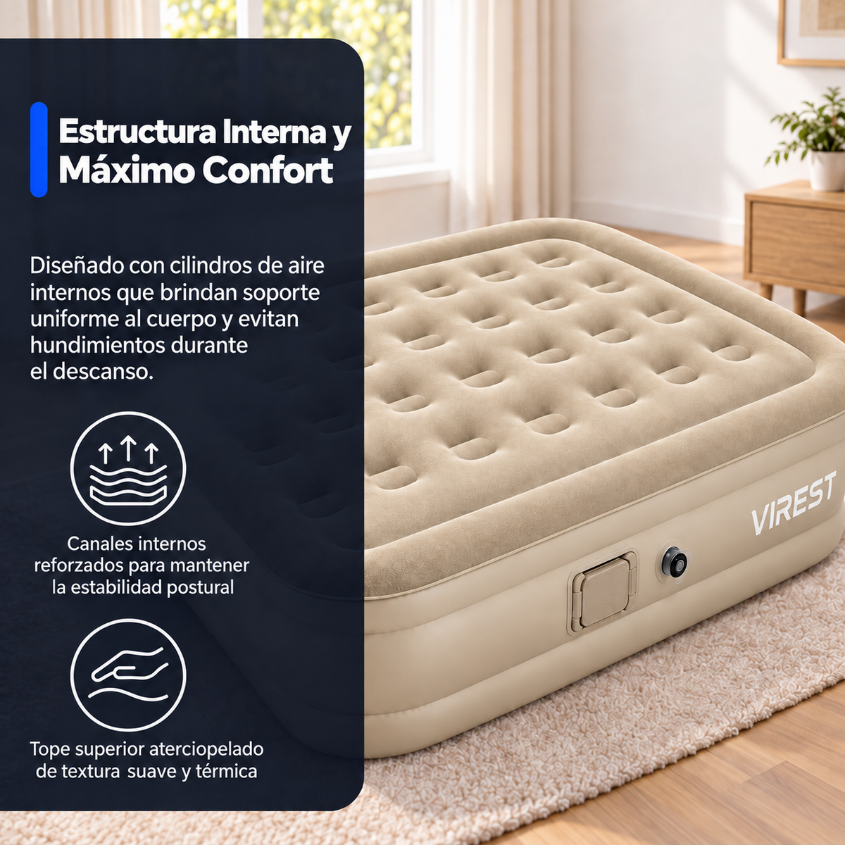 Colchón Inflable Queen 150x200 con Bomba Eléctrica Recargable Virest