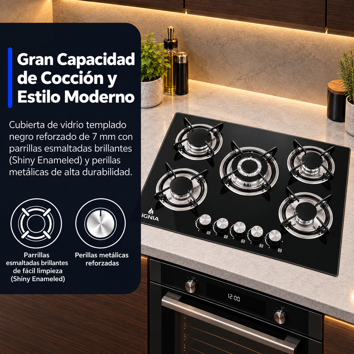 Anafe a Gas IGNIA 5 Hornallas Vidrio Templado 77 cm