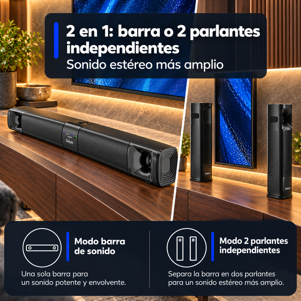 Barra de Sonido Saiyin 2.1 100 W con Subwoofer HDMI ARC Bluetooth - foto 3
