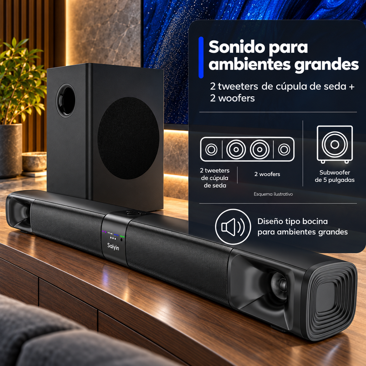 Barra de Sonido Saiyin 2.1 100 W con Subwoofer HDMI ARC Bluetooth - foto 4