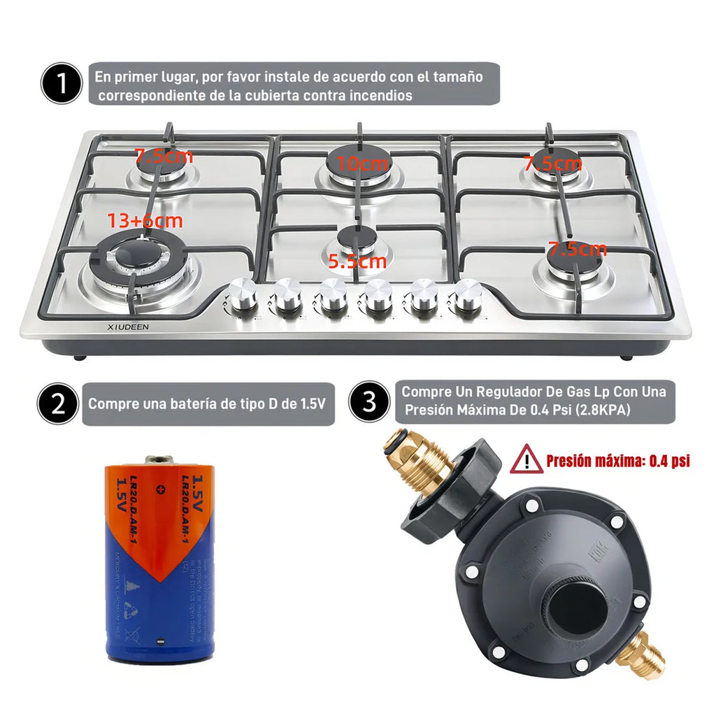 Anafe de Acero Inoxidable IGNIA a Gas Empotrable de 6 Hornallas