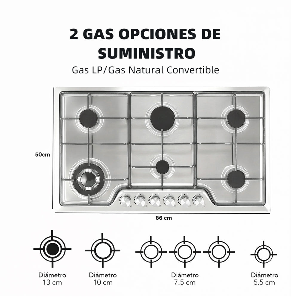 Anafe de Acero Inoxidable IGNIA a Gas Empotrable de 6 Hornallas