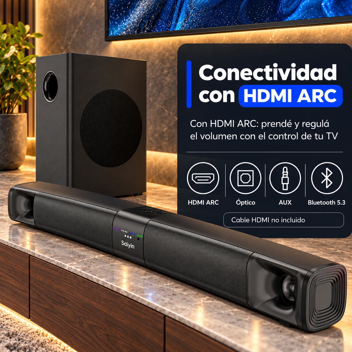 Barra de Sonido Saiyin 2.1 100 W con Subwoofer HDMI ARC Bluetooth - foto 5