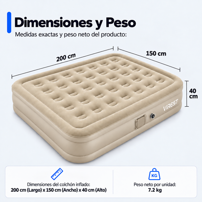 Colchón Inflable Queen 150x200 con Bomba Eléctrica Recargable Virest