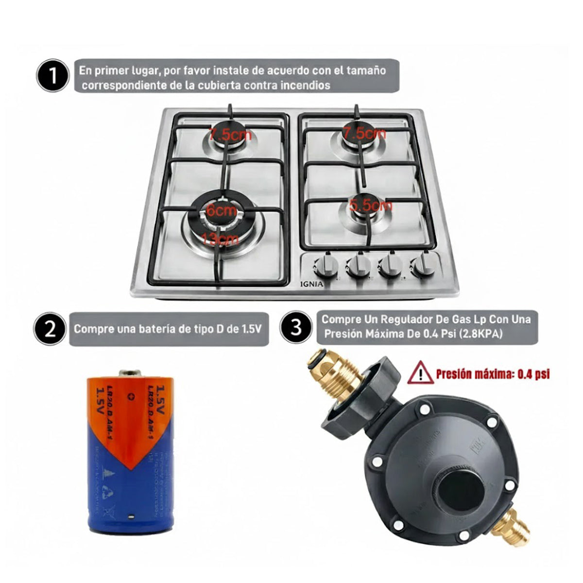Anafe de Acero Inoxidable IGNIA a Gas Empotrable de 4 Hornallas
