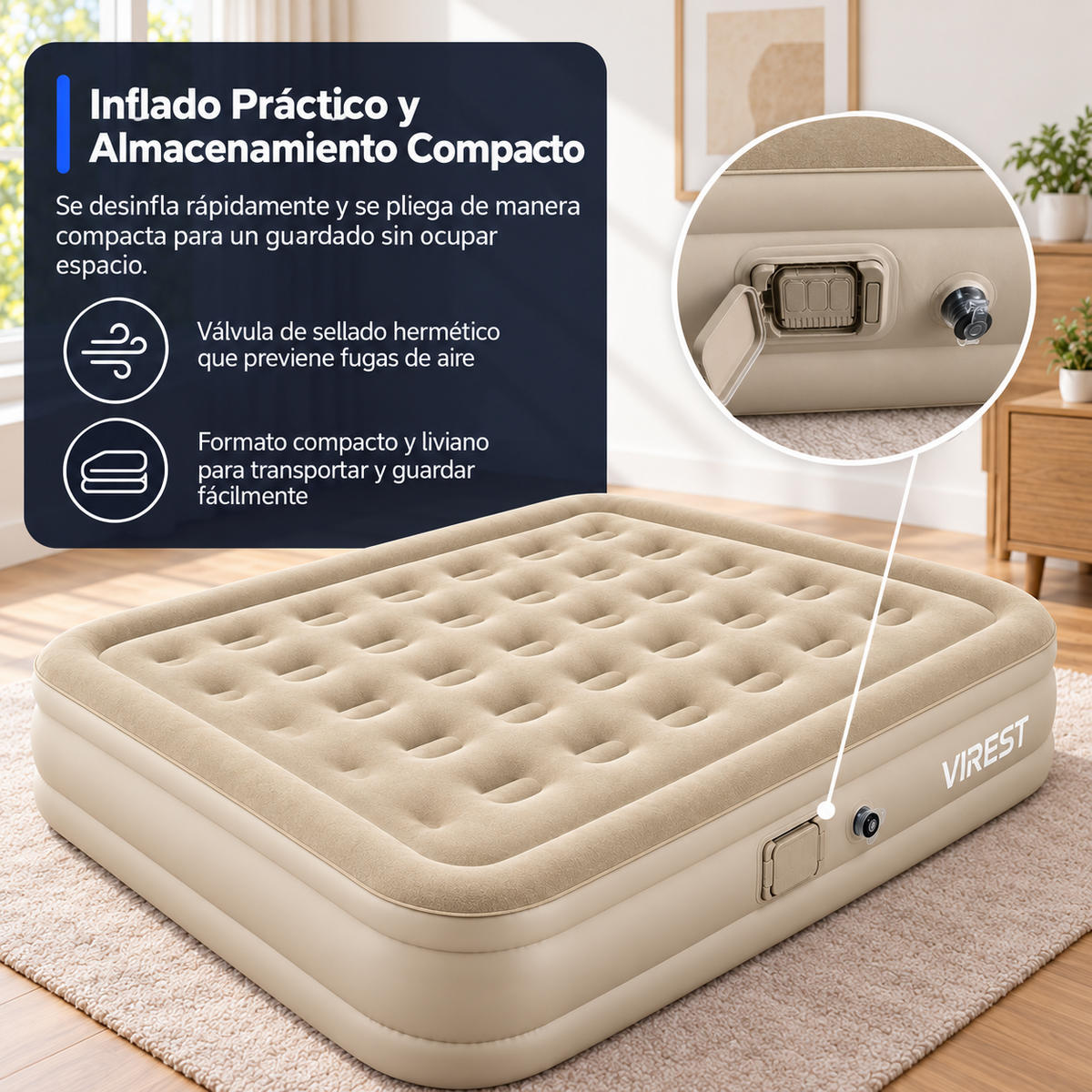 Colchón Inflable Queen 150x200 con Bomba Eléctrica Recargable Virest