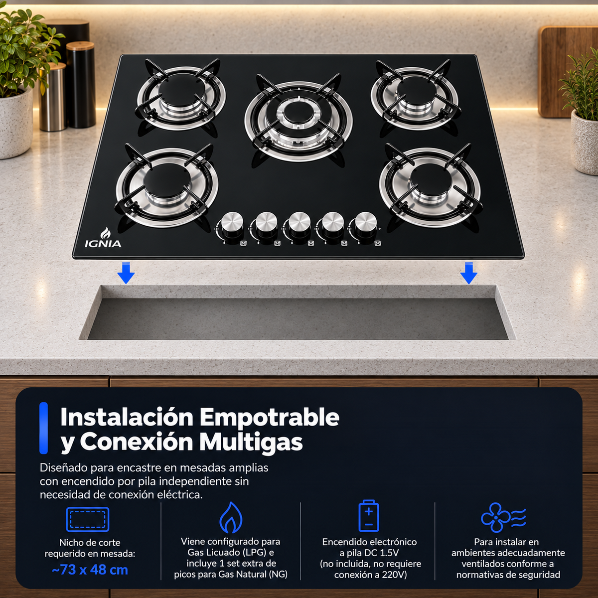 Anafe a Gas IGNIA 5 Hornallas Vidrio Templado 77 cm