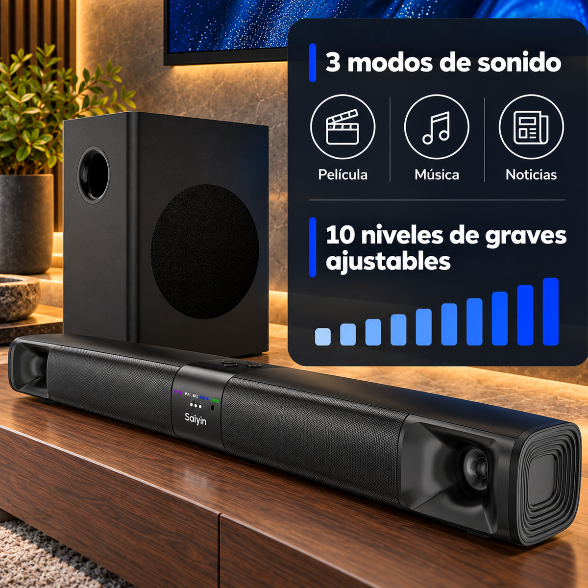 Barra de Sonido Saiyin 2.1 100 W con Subwoofer HDMI ARC Bluetooth - foto 6