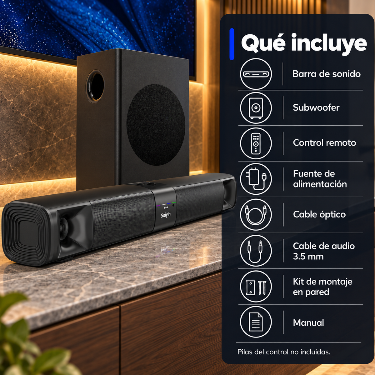 Barra de Sonido Saiyin 2.1 100 W con Subwoofer HDMI ARC Bluetooth - foto 7