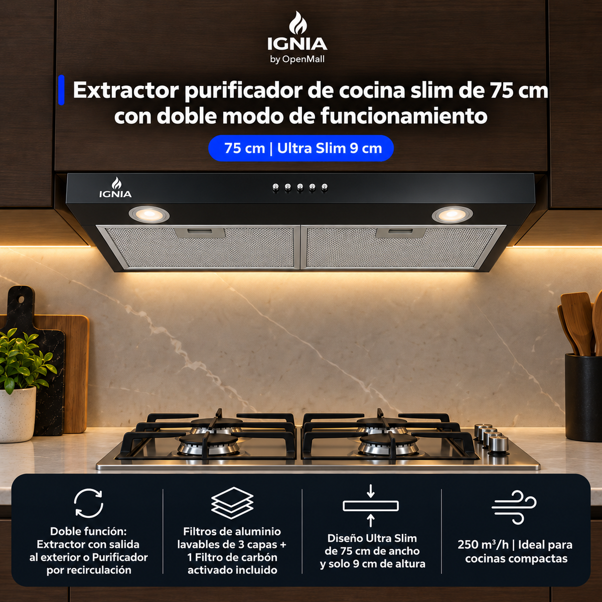 Campana Extractora Slim IGNIA 75 cm con doble función, color negro