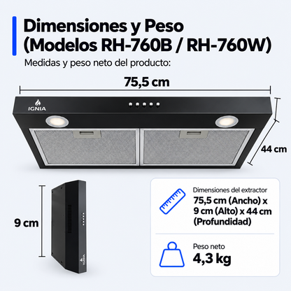 Medidas de la Campana IGNIA 75 cm: 75,5 x 9 x 44 cm, color negro