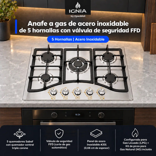 Anafe a Gas IGNIA 5 Hornallas Acero Inoxidable 70 cm - foto 2