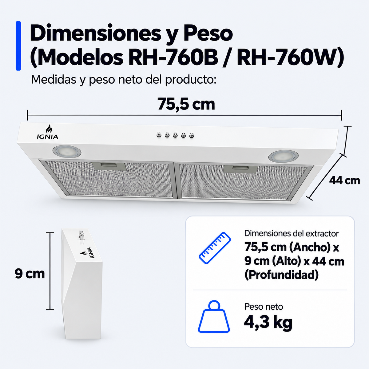 Medidas de la Campana IGNIA 75 cm: 75,5 x 9 x 44 cm, color blanco