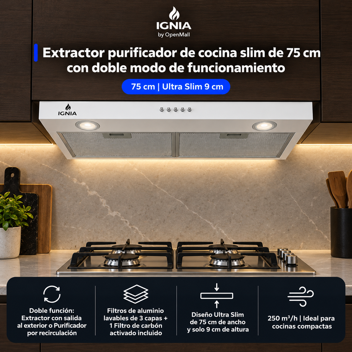 Campana Extractora Slim IGNIA 75 cm con doble función, color blanco