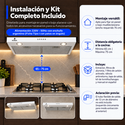 Instalación y kit incluido de la Campana IGNIA 75 cm, color blanco