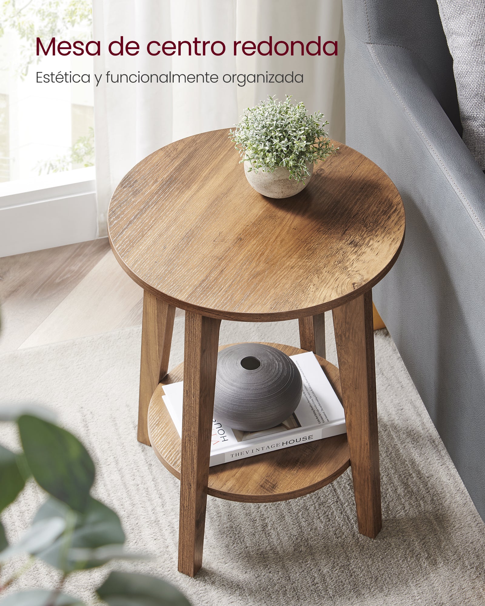Mesa Auxiliar Redonda Songmics Maezo 2 Niveles 40cm Honey Brown