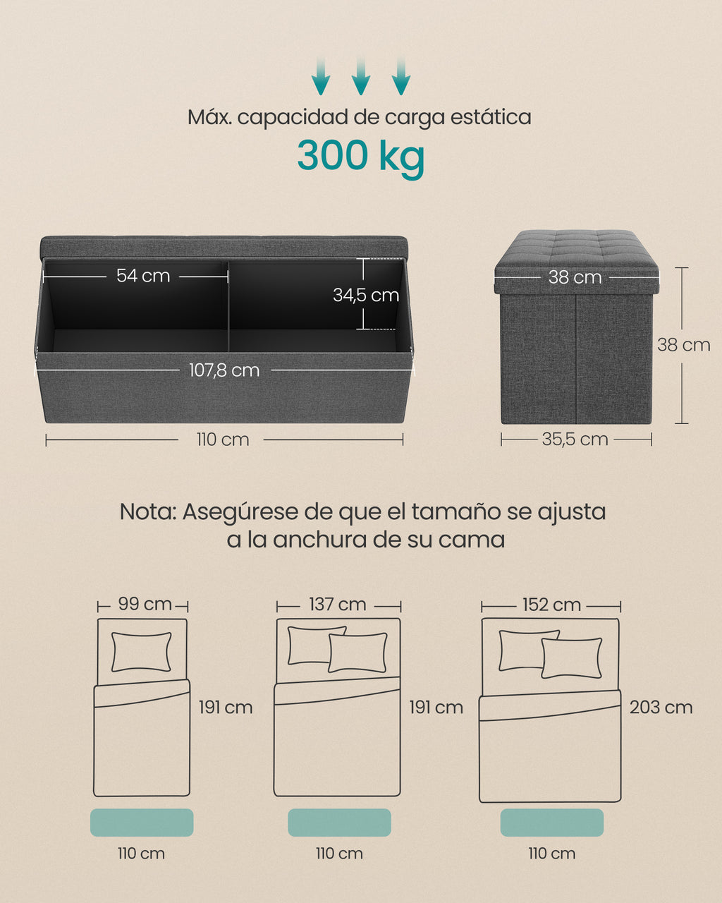 Baulera Pie De Cama Songmics Plegable Con Almacenamiento 131L Gris Oscuro