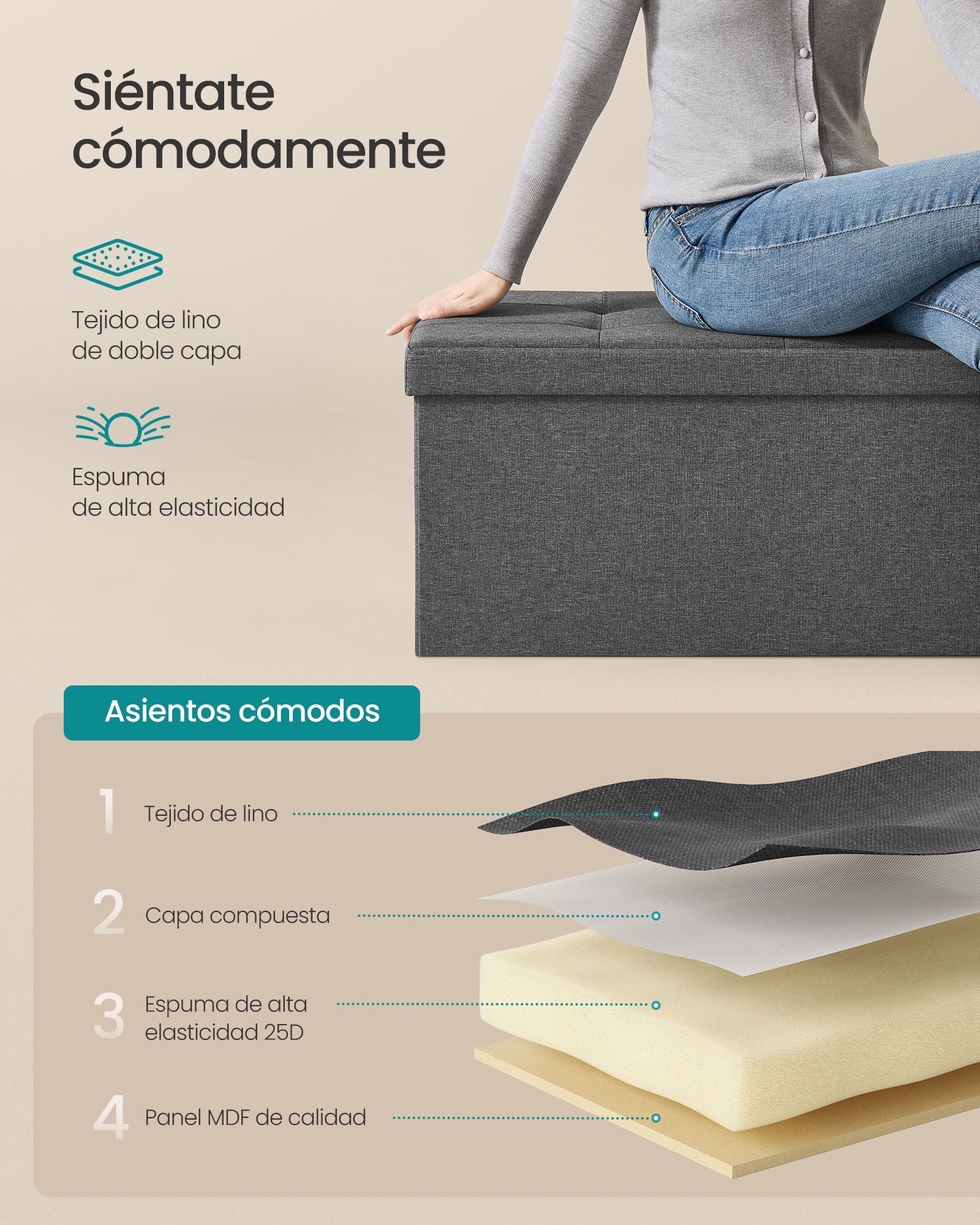 Baulera Pie De Cama Songmics Plegable Con Almacenamiento 131L Gris Oscuro